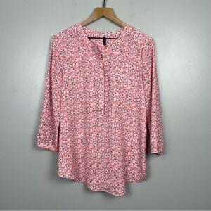 NYDJ lemonade cup print half button popover 3/4 sleeve blouse top, size medium.
